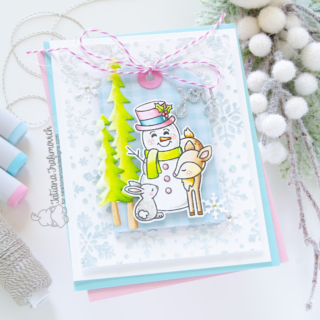 Joyful Holiday Card by Tatiana Trafimovich | Festive Fawns Stamp Set, Fancy Edges Tag Die Set, Forest Scene Builder Die Set and Snowfall Stencil by Newton's Nook Designs #newtonsnook #handmade