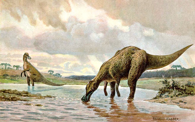 Hadrosaurios en un río.