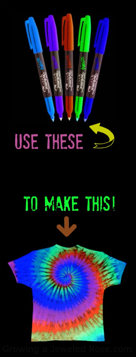 FUN KID PROJECT:  Use Sharpies to Tie dye t-shirts that glow in the dark!  (SO COOL!)