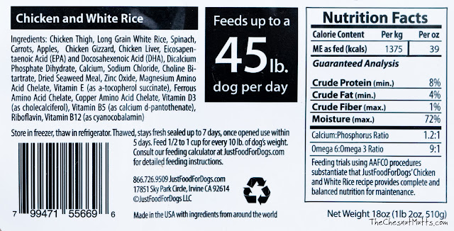 Just Food For Dogs chicken and white rice fresh and frozen holistic dog food