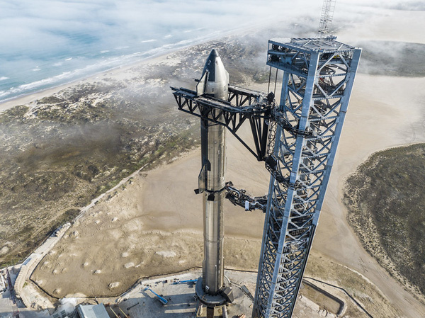 SpaceX's Starship Super Heavy rocket stands tall on its Orbital Launch Mount at Starbase, Texas...on January 9, 2023.