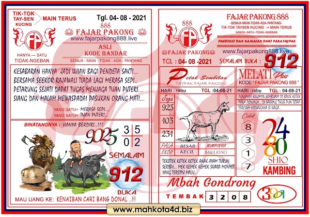 Syair Prediksi Fajar Pakong 888 Rabu, 04 - Agustus - 2021