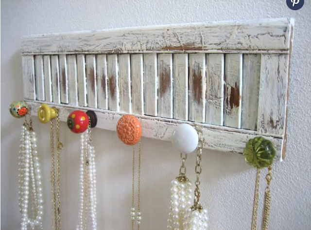 white distressed vintage shutter jewelry hanger display colored knobs