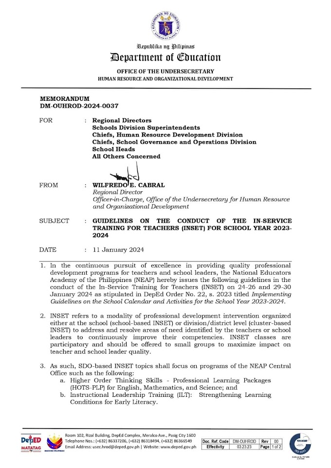 DepEd Guidelines on the Conduct of the In-Service Training for Teachers (INSET) for School Year 2023-2024 | Read and Download Here!