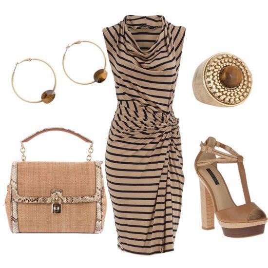 Light brown cocktail dress, ear rings, bag and high heel sandals for ladies
