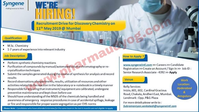 Syngene | Walk-in interview for Discovery Chemistry | 11th May 2019 | Mumbai