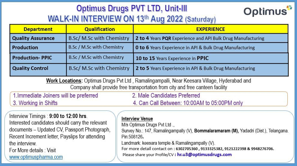 Job Available's for Optimus Drugs Pvt Ltd Walk-In Interview for BSc/ MSc Chemistry