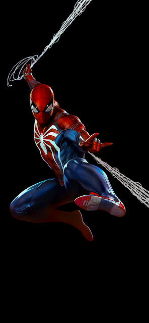 spider-man jumping with two web. Image to use as wallpaper on IOS 16 Iphone and android.