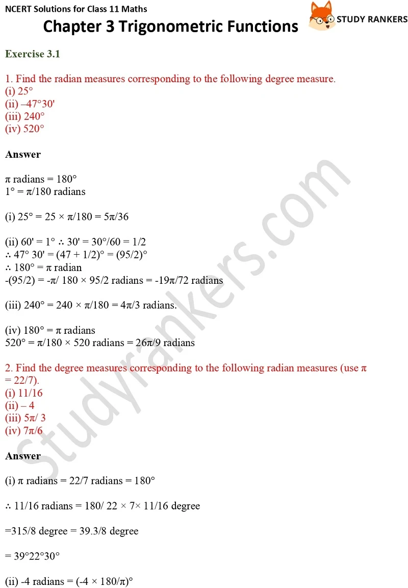 NCERT Solutions for Class 11 Maths Chapter 3 Trigonometric Functions 1