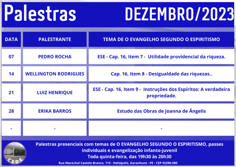 GRADE DE PALESTRAS DE DEZEMBRO/2023