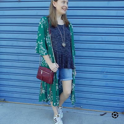 awayfromblue Instagram | jeanswest delilah green floral duster kimono with peplum tee denim shorts burgundy bag subtle festive outfit for summer