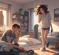 Young man sitting on the bed young lady walking around on the phone