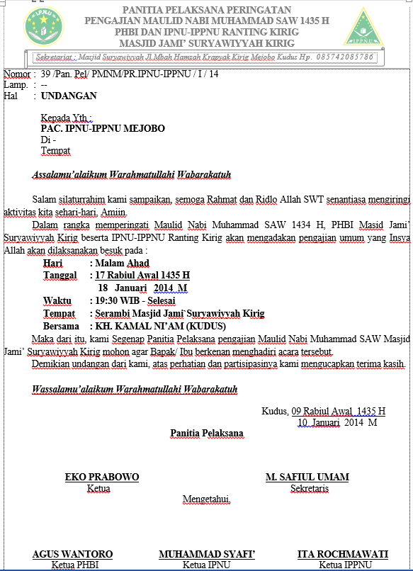 UNDANGAN MAULID NABI UNTUK TOKOH MASYARAKAT DAN PAC. IPNU 