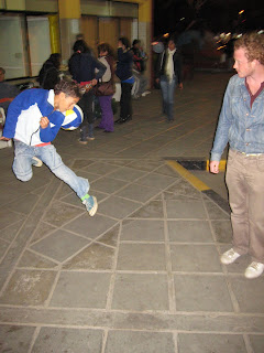 A kid juggling a ball with us at the bus terminal in Argentina.