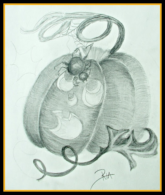 pencil sketch of a pumpkin with a spider on its face.