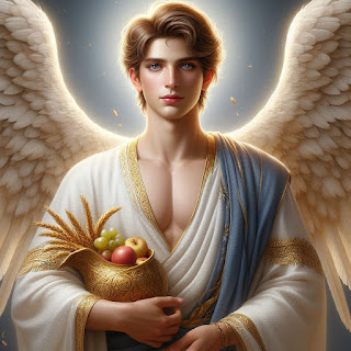 El Arcángel Zadkiel, viste una túnica blanca y un manto azul, es sus brazos tiene un cuenco de oro con frutas y flores que representa su capacidad de traer bendiciones, prosperidad y renovación.