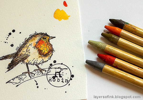 Layers of ink - Winter Robin Tag with Clear Background tutorial by Anna-Karin Evaldsson. Color with Distress Watercolor Pencils.