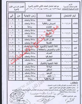 جدول امتحانات الازهر الشريف الترم الاول 2016 جميع المراحل (ابتدائى،اعدادى،ثانوى) أخر تعديل