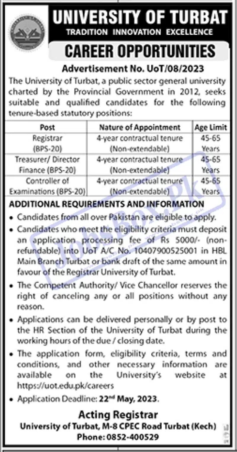 University of Turbat UOT Jobs 2023 – Application Form via www.uot.edu.pk