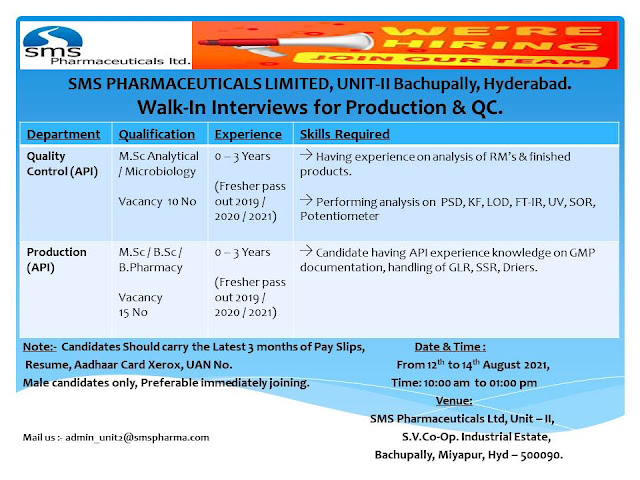 Job Availables, SMS Pharmaceuticals Ltd Walk-In Interviews for Freshers & Experienced Msc/ Bsc/ B.Pharm - 25 Vacancy