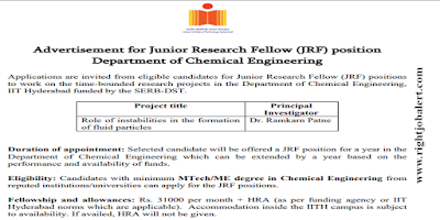 Junior Research Fellow Chemical Engineering Jobs in Indian Institute of Technology, Hyderabad