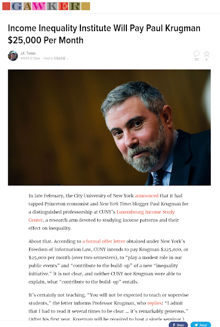 Portion of Gawker article, 'Income Inequality Institute Will Pay Paul Krugman $25,000 Per Month', by J.K. Trotter, Apr 16 2014