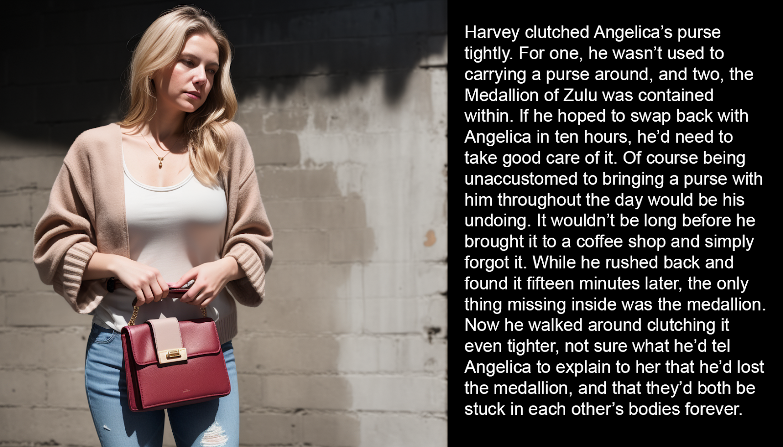Harvey clutched Angelica’s purse tightly. For one, he wasn’t used to carrying a purse around, and two, the Medallion of Zulu was contained within. If he hoped to swap back with Angelica in ten hours, he’d need to take good care of it. Of course being unaccustomed to bringing a purse with him throughout the day would be his undoing. It wouldn’t be long before he brought it to a coffee shop and simply forgot it. While he rushed back and found it fifteen minutes later, the only thing missing inside was the medallion. Now he walked around clutching it even tighter, not sure what he’d tel Angelica to explain to her that he’d lost the medallion, and that they’d both be stuck in each other’s bodies forever.