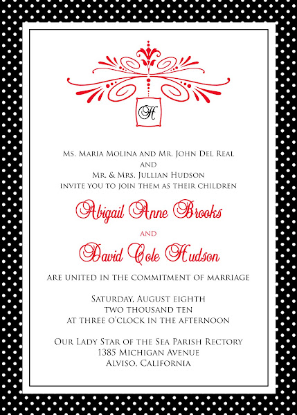 This classic wedding invitation features a polka dot border and a custom 