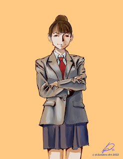Japanese woman in school uniform folding arms.