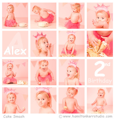 A series of 16 photos showing a child smashing their way through a birthday cake.