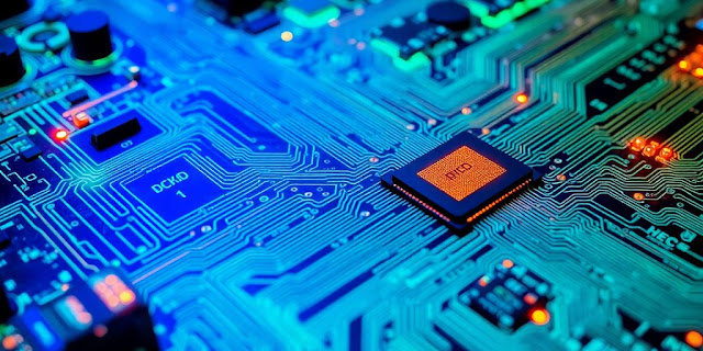 Close-up of a computer circuit board with microchips.