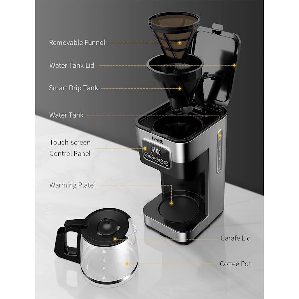 Brett Coffee Maker, Touch-Screen 10-cup Programmable with Glass Carafe