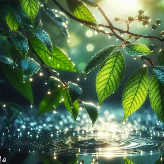 Prompt Bing Image Creator Bahasa Indonesia - buatkan fotografi alam jarak dekat daun hijau basah air hujan dengan latar belakang blur suasana romantis.