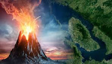 An image of a volcanic eruption located on a world map.