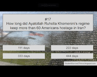 How long did Ayatollah Ruholla Khomenini’s regime keep more than 60 Americans hostage in Iran? Answer choices include: 111 days, 222 days, 333 days, 444 days