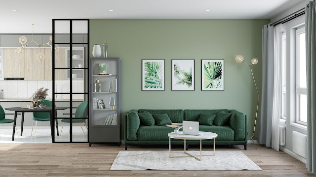 green and gray living rooms
