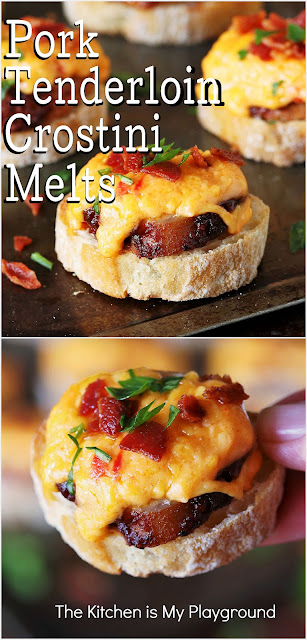 Pork Tenderloin & Pimento Cheese Crostini Melts ~ Pork tenderloin & pimento cheese broiled together on baguette, then topped with crispy crumbled bacon, sure makes for one very tasty combination. These tasty melts are a perfect little appetizer for any occasion!  www.thekitchenismyplayground.com