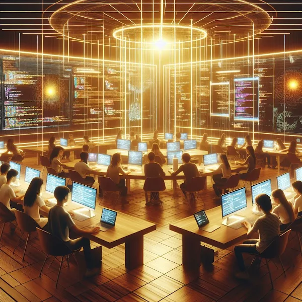 A futuristic classroom with students engaged in hands-on coding, surrounded by glowing screens displaying lines of code. The room is bathed in warm, golden light, and there’s a sense of excitement and collaboration in the air.