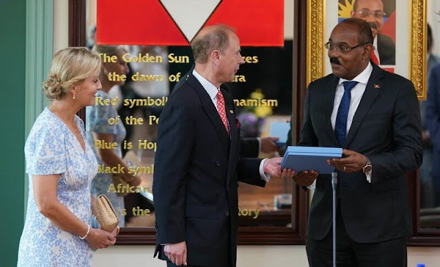 The Countess of Wessex wore a new classic silk tea midi dress from Suzannah. Prime Minister of Antigua and Barbuda Gaston Browne