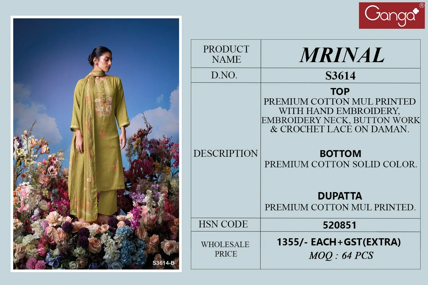Mrinal 3614 Ganga Premium Cotton Plazzo Style Suits