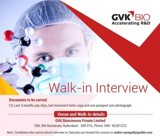 GVK bio | Walk-in for Analytical RnD on 7 Dec 2019 | Pharma Jobs in Bangalore