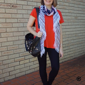 awayfromtheblue instagram | coral v-neck tee with pink striped scarf and black nobody denim jeans Balenciaga part time