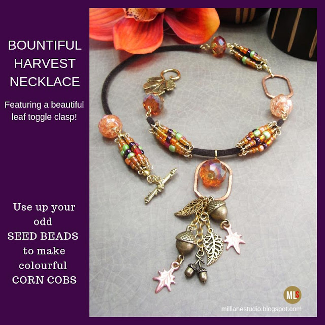 Bountiful Harvest necklace made with seed bead corn cobs and gold acorn charms