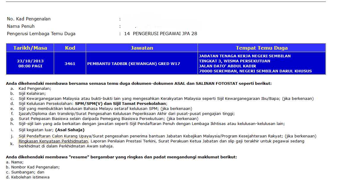 Interview Pembantu Tadbir (Kewangan) Gred w17  H Tag Ko 