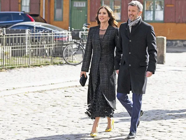 Crown Princess Mary wore a new rue st honore tweed coat by Carla Zampatti, and new yellow satin pumps by Manolo Blahnik