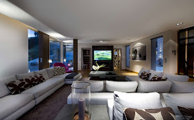 Modern living room as seen at night
