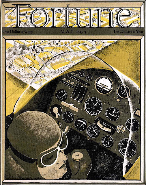 a Roger Duvoison illustration for 1933 Fortune Magazine, a pilot flying a plane