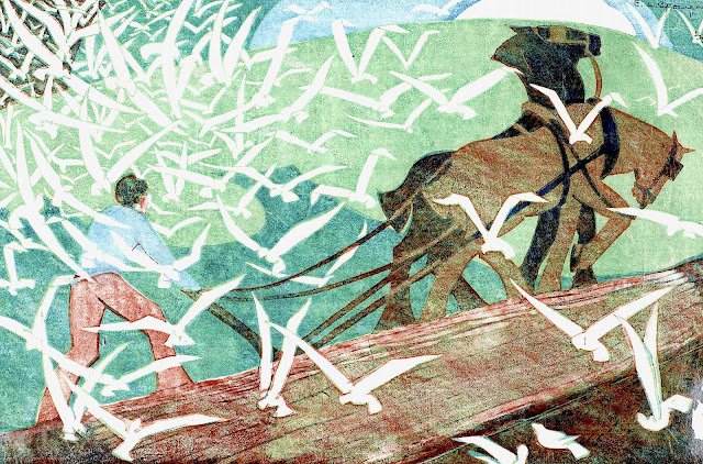 Ethel Spowers art, plowing a farm with many birds
