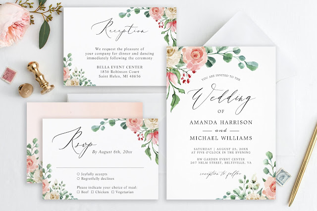  Watercolor Pink Rose Floral Wedding Invitation Set
