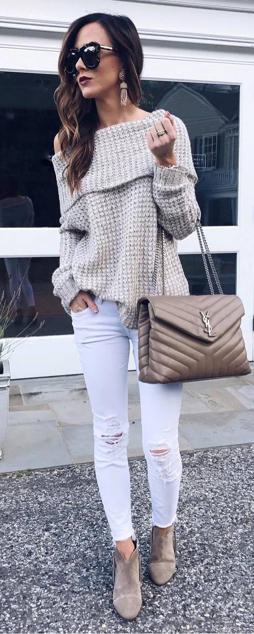 stylish look | off shoulder knit sweater + bag + rip + boots